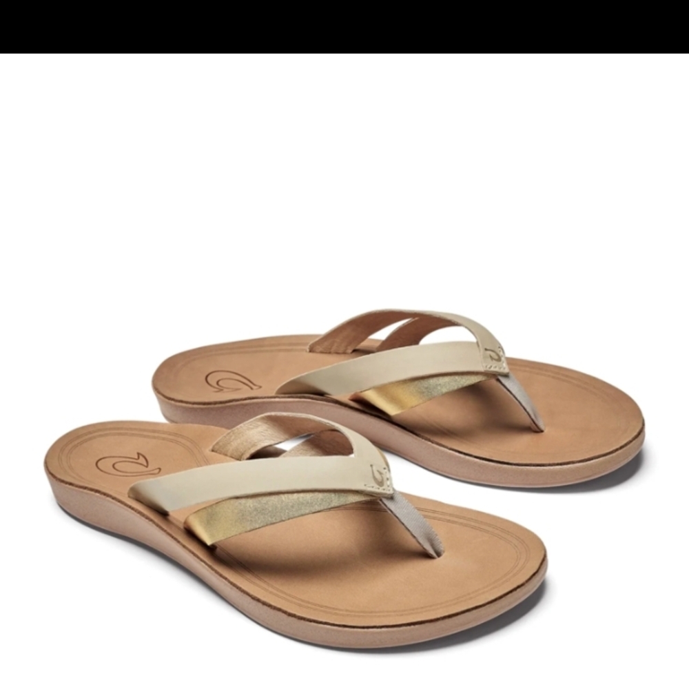 Olukai Kaekae Gold and Cream Sandals Flip Flops - Picture 2 of 6